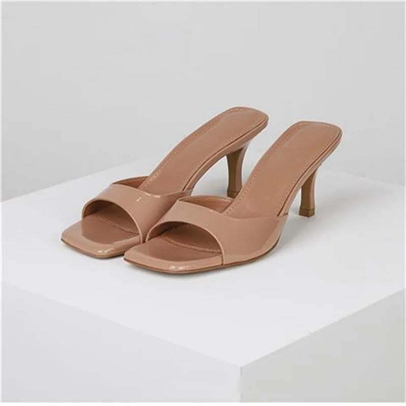 Sandalias de Tacón Nude - Mules con Punta Cuadrada 